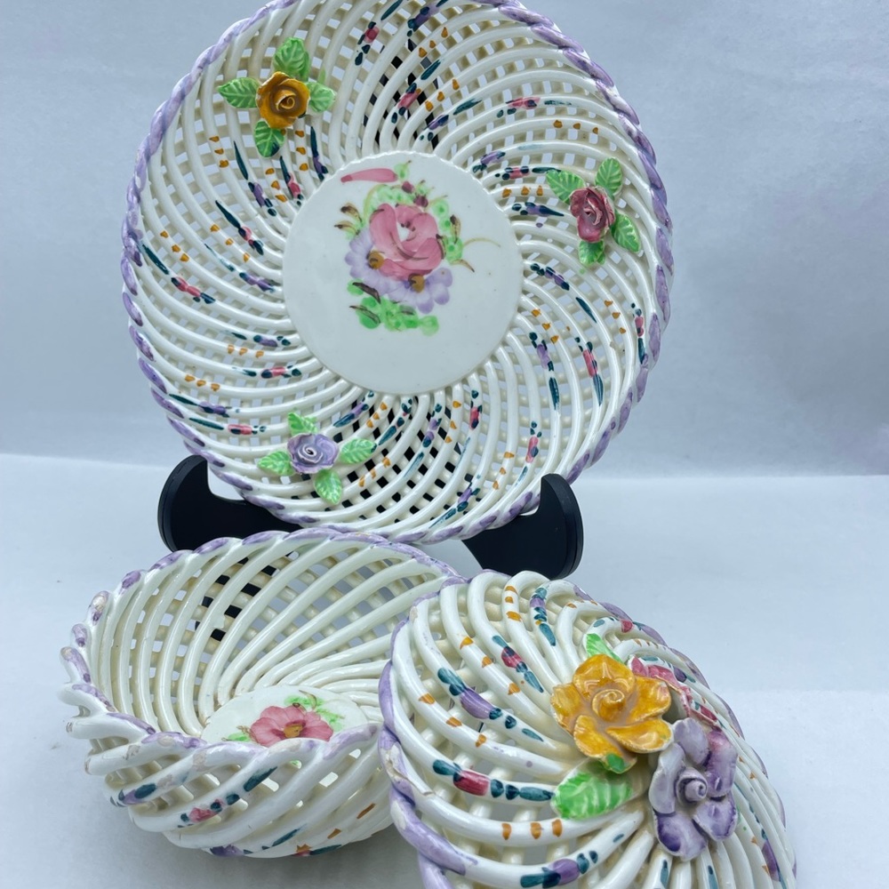 Vtg bowl&Plate Basket Trinket Weave Woven Flowers Spain Porcelain Hand Painted